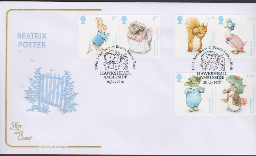 2016 - Beatrix Potter First Day Cover, COTSWOLD Hawkeshead, Ambleside Postmark